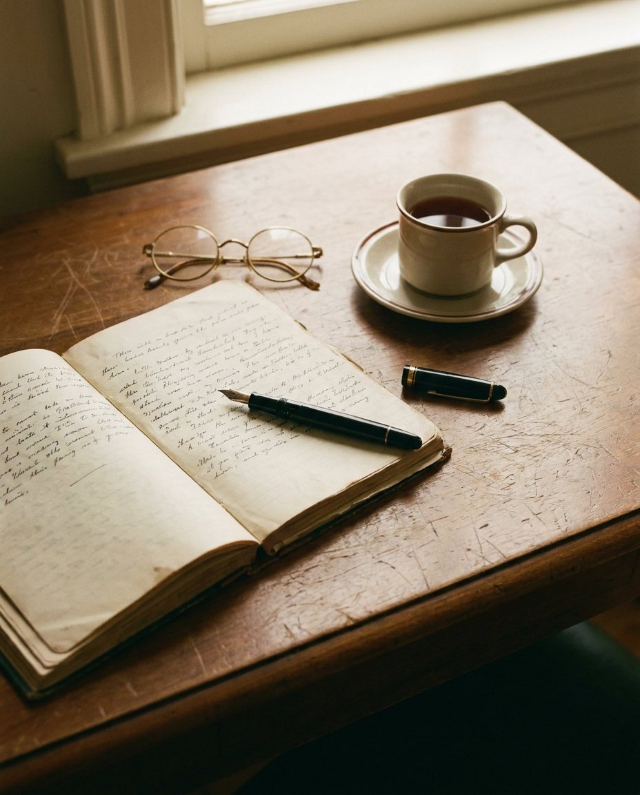 Cuaderno, lápiz y lentes sobre un escritorio de madera