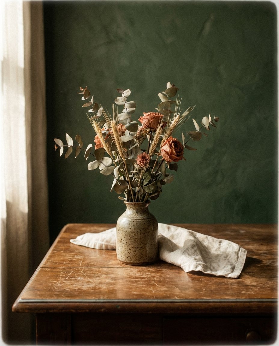 Jarrón con ramas secas sobre una mesa de madera, junto a una pared verde